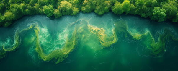 Wall Mural - Water in the forest, Abstract background, Amazing blooming algae on green river, aerial view, Ai generated image
