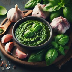 Wall Mural - Pesto sauce in a plate and fresh basil leaves with garlic, dark wooden background, copy space