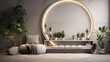 © PRI - Contemporary room design showcasing a circular frame and potted plants