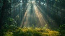 Morning Sun Rays In The Forest, Sunrise In The Forest, Sun Rays In The Forest, Mist In Forest With Sunbeam Rays, Woods Landscape, Ai Generated Image