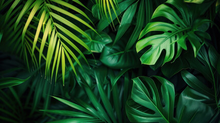 Wall Mural - Nature leaves, green tropical forest, background concept.