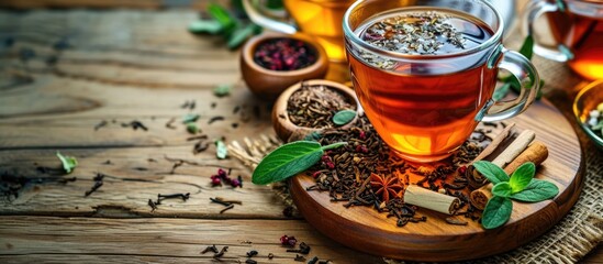 Poster - Shot of herbal tea with condiments on wooden surface.