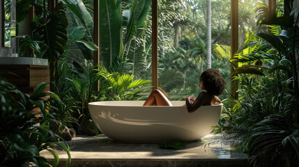 Wall Mural - African american woman relaxing in the bath on a background with tropical plants. spa treatment, concept of body and skin care.