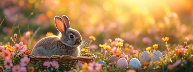 Sticker - cute little easter bunny sitting in a basket with easter eggs in flowery meadow, golden hour, golden