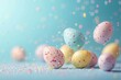 colorful easter eggs flying on pastel blue studio background, Happy Easter postcard with colorful eggs, easter celebration postcard, front view