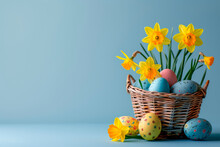 Colorful Easter Eggs In A Basket With Daffodils On Pastel Blue Background, Happy Easter Postcard With Colorful Eggs, Easter Celebration Postcard, Copyspace, Front View