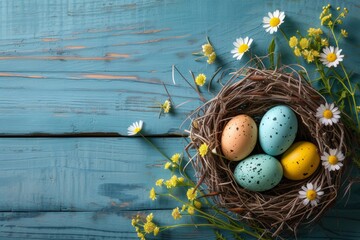 Sticker - colorful easter eggs in a nest on wooden blue background decorated with flowers, Happy Easter postcard with colorful eggs, easter celebration postcard, copyspace, top view