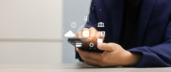 Wall Mural - close up customer man hand hold smartphone and access to private account on internet to checking data and protection for iot with cyber security and digital authentication concept