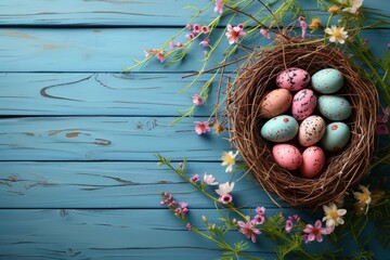 Sticker - colorful easter eggs in a nest on wooden blue background decorated with flowers, Happy Easter postcard with colorful eggs, easter celebration postcard, copyspace, top view