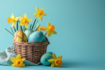 Canvas Print - colorful easter eggs in a basket with daffodils on pastel blue background, Happy Easter postcard with colorful eggs, easter celebration postcard, copyspace, front view