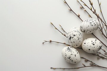 Canvas Print - white easter eggs with black decoration and willow branches on a white studio background, Happy Easter postcard with minimalistic decoration, easter celebration postcard, copyspace, top view