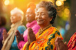 © SerPak - A group of elderly Indian women do yoga and stretch in nature at a local park.