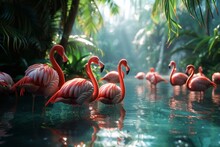A Group Of Flamingos Congregates In A Lush, Tropical Lagoon, A Burst Of Pink Against Greenery