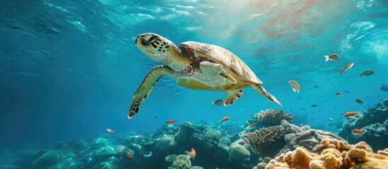 Wall Mural - Underwater photography of adorable sea turtle and swimming fish, capturing aquatic wildlife.
