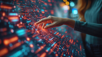 Woman's hand touching the introduction of artificial intelligence big data concept Digital neural network Cyberspace of the future Science and technological innovation