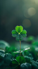Wall Mural - Closeup of green four leaf clover. Clover leaves nature background. St Patrick Day holiday symbol. Backdrop for design card, invitation, banner, poster
