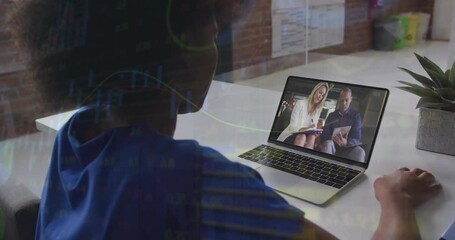 Poster - Animation of financial data processing over african american businesswoman on laptop video call