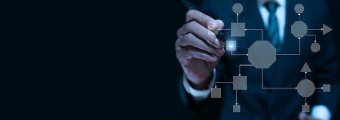 Leinwandbilder - Business process and workflow automation with flowchart, businessman in background, copy space, 