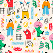 Various abstract People and doodle objects. Young men and women standing together in colorful clothing. Cartoon style characters. Hand drawn trendy Vector illustration. Square seamless Pattern