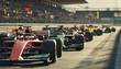 Formula 1 racing cars lined up on the race track waiting for the start, front view