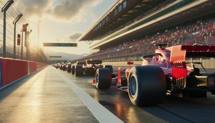 formula 1 racing cars lined up on the race track waiting for the start, back view