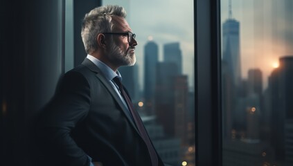 Older Business man looking out the window as he looks at someone in city. Portrait of a happy casual businessman at office