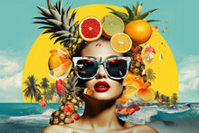 Portrait Of A Beautiful Young Woman In Sunglasses With Fruits. Contemporary Art Collage. Summer Vacation Concept