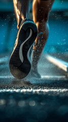 Dynamic close-up of a runner's sneaker on a track, capturing the energy of a sprint start with focus on shoe detail, performance and motion, inspirational fitness and athletic training concept