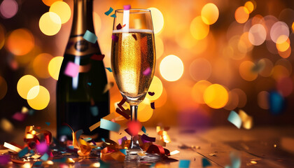 Canvas Print - Celebration of new year champagne, confetti, party, fun, bright generated by AI