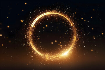 Wall Mural - Gold glitter circle of light shine sparkles and golden spark particles in circle frame on black background. Christmas magic stars glow, firework confetti of glittery ring shimmer