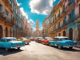 Fototapeta  - Havana Cuba street - colorful buildings and Old cars