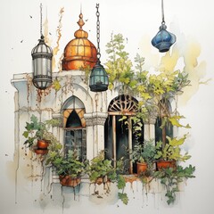 Wall Mural - Watercolor line and wash mosque with lantern. Ramadan kareem and eid fitr concept for poster and greeting card