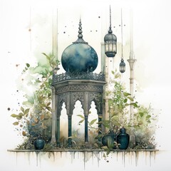 Wall Mural - Watercolor line and wash mosque with lantern. Ramadan kareem and eid fitr concept for poster and greeting card