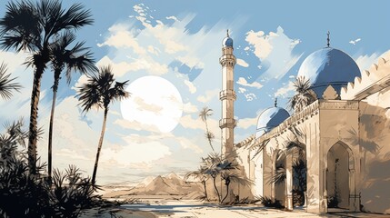 Watercolor line and wash mosque with lantern. Ramadan kareem and eid fitr concept for poster and greeting card