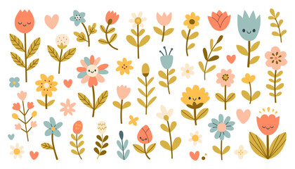 Wall Mural - Isolated set with cute spring flowers and leaves in flat style. Kids design, for fabric, wrapping, textile, wallpaper