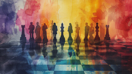 Wall Mural - concept of Belonging Inclusion Diversity Equity DEIB, group of multicolor painted people on chess board floor 	
