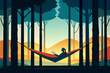 A person lying on a hammock suspended between two tall trees with a book in hand and a peaceful expression on their face. The hammock represents
