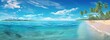 Beach scenery with blue water and bright fluffy clouds. A peaceful sandy beach is graced by the rhythmic melody of breaking ocean waves, harmonizing the vast sky creating a tranquil coastal haven