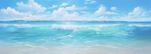 Beach Scenery With Blue Water And Bright Fluffy Clouds. A Peaceful Sandy Beach Is Graced By The Rhythmic Melody Of Breaking Ocean Waves, Harmonizing The Vast Sky Creating A Tranquil Coastal Haven
