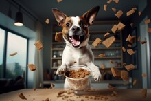 Happy Dog In A Jump With Scattered Pellets Of Dry Food.