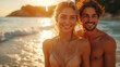 Couple : Lover walk on beach and bikini , happy and together for vacation with love in summer sunshine. Woman, man and smile by waves, sea and sand with portrait in nature for adventure on vacation.