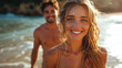 Couple : Lover walk on beach and bikini , happy and together for vacation with love in summer sunshine. Woman, man and smile by waves, sea and sand with portrait in nature for adventure on vacation.