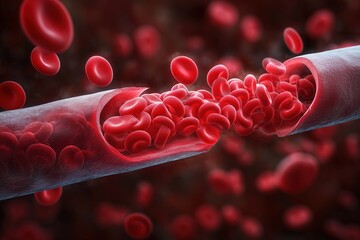 close-up view of a blood vessel filled with red blood, providing a detailed glimpse into the intricacies of human anatomy.