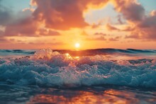 The Sun Is Seen Descending Behind The Horizon, Casting Its Golden Light On The Rolling Waves Of The Ocean.