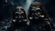 Recreation of two little girls with survival gas masks	