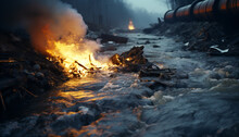 Recreation Of Fire In A Contaminated Stream Together A Industrial Pipeline