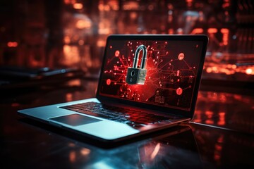 Wall Mural - cybersecurity. lock on a desk displaying on laptop. cyber attack on computer network, virus, spyware