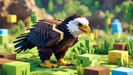 Wall Mural - Voxel realistic eagle on neutral background made of 3D small cubes voxel illustration. Minecraft style. Illustrating 3d animation and vfx studios