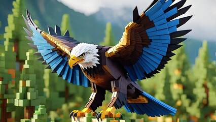 Wall Mural - Voxel realistic eagle on neutral background made of 3D small cubes voxel illustration. Minecraft style. Illustrating 3d animation and vfx studios