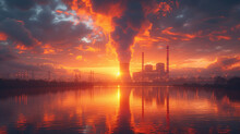 Nuclear Power Plant With Large Cooling Towers, Near The River. Industrial Factory, Smoke From The Chimney